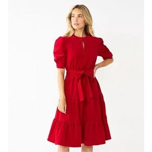 Draper James Corduroy Red Mini Dress Tie Belt Dress Puff Sleeve
